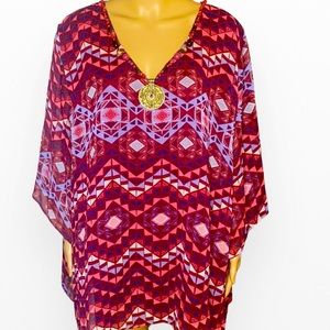Diva Collection V Tunic  beaded neck and medallion Scarlet Geometry Print Tunic